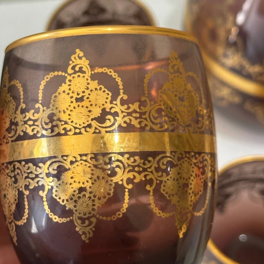 Venezia Amethyst Glass Decanter Set Gold Painted 7pc Vintage 2005 The Mosher's